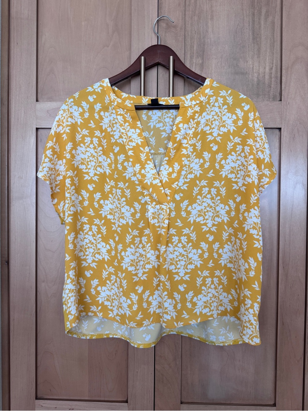 Ann Taylor Yellow Floral Split-Neck Blouse